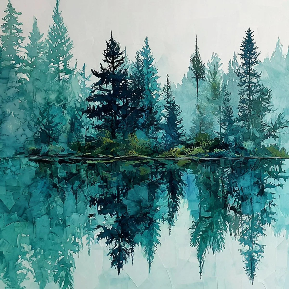 AZURE SANCTUARY: Horizontal Forest Lake Reflection Landscape | rectangular format, hand-painted canvas edge