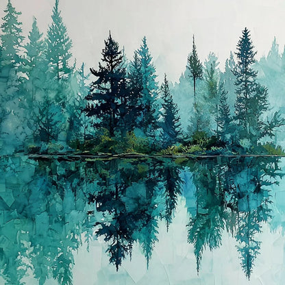 AZURE SANCTUARY: Horizontal Forest Lake Reflection Landscape | rectangular format, hand-painted canvas edge