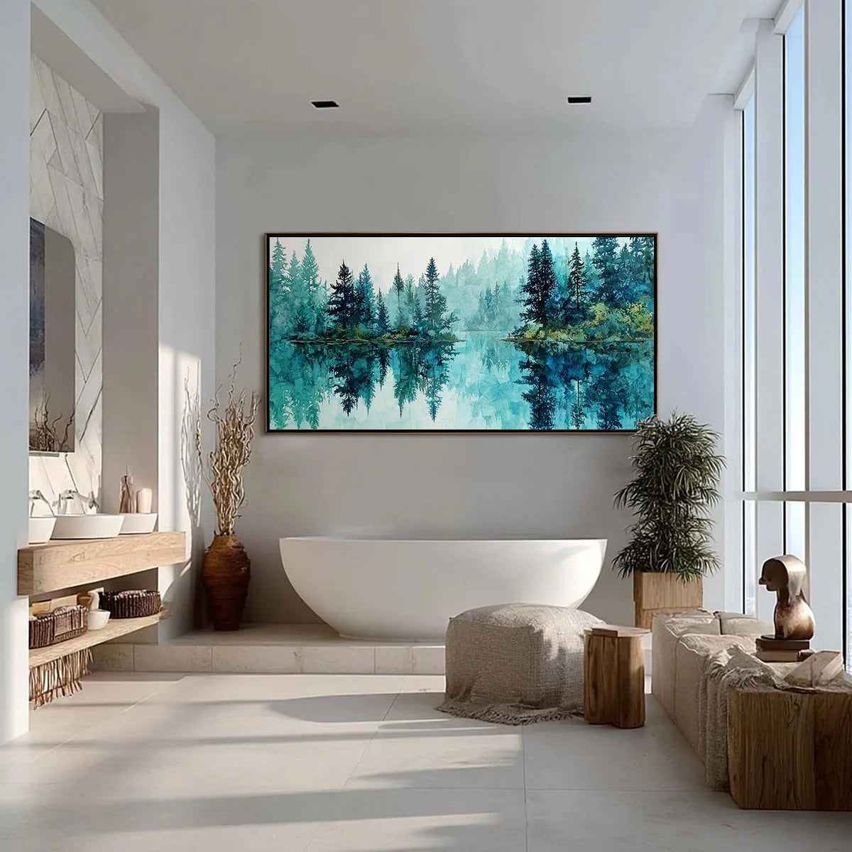AZURE SANCTUARY: Horizontal Forest Lake Reflection Landscape | gold frame stretched on neutral wall