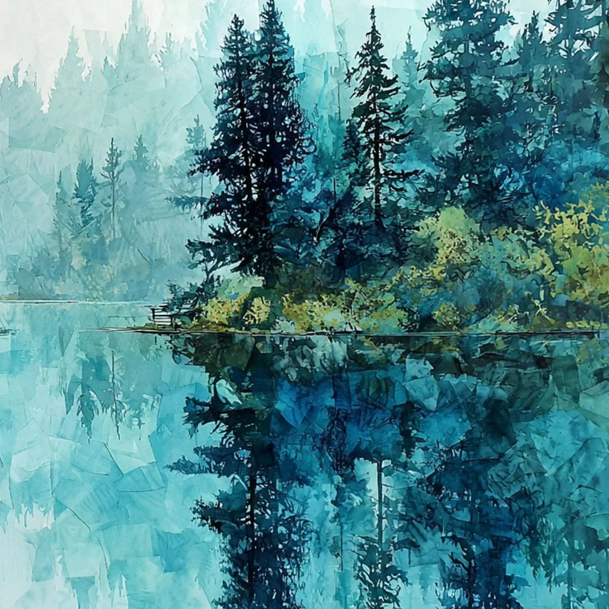 AZURE SANCTUARY: Horizontal Forest Lake Reflection Landscape | rolled canvas, ready for custom framing