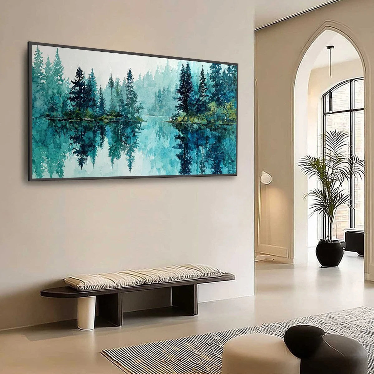 AZURE SANCTUARY: Horizontal Forest Lake Reflection Landscape | textured mood, soft natural light studio shot