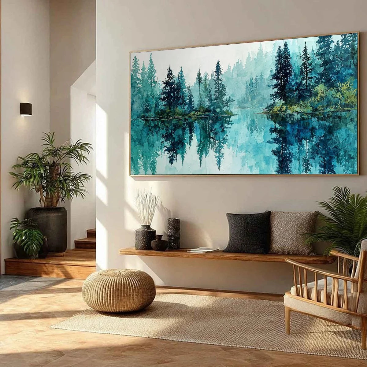 AZURE SANCTUARY: Horizontal Forest Lake Reflection Landscape | blue palette, original office art