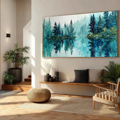 AZURE SANCTUARY: Horizontal Forest Lake Reflection Landscape | blue palette, original office art