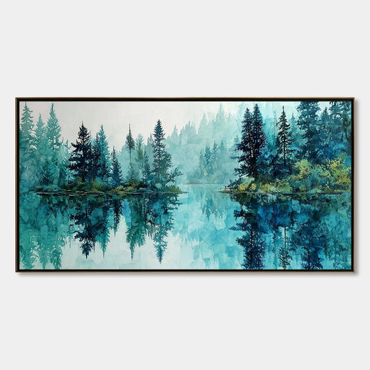 AZURE SANCTUARY: Horizontal Forest Lake Reflection Landscape | hanging in living room, textured wall art