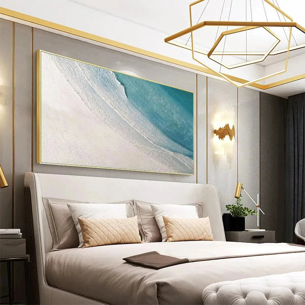 AZURE SHORES: Textured Abstract Beach Painting in Blue and White | gold frame stretched on neutral wall