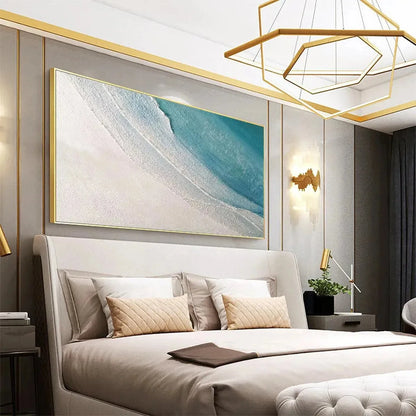 AZURE SHORES: Textured Abstract Beach Painting in Blue and White | gold frame stretched on neutral wall