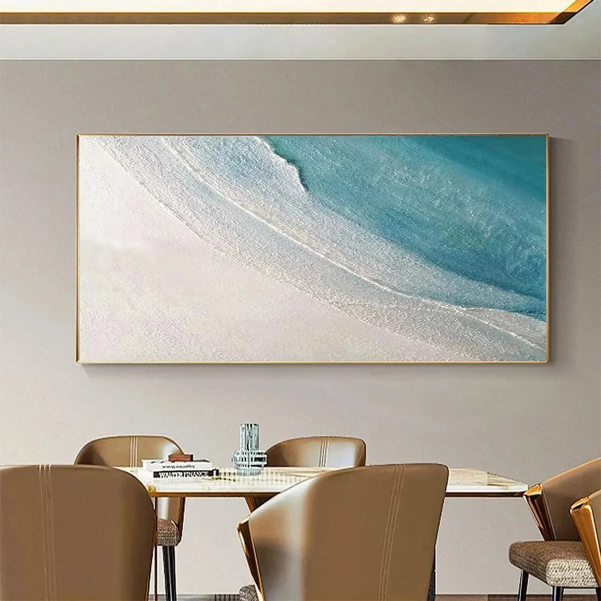 AZURE SHORES: Textured Abstract Beach Painting in Blue and White | black frame version on white wall