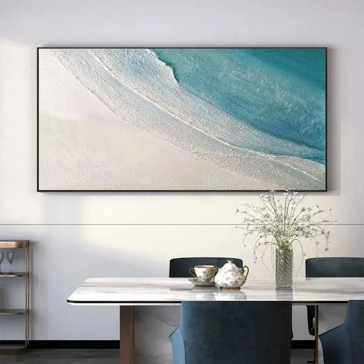 AZURE SHORES: Textured Abstract Beach Painting in Blue and White | Abstract mood, soft natural light studio shot