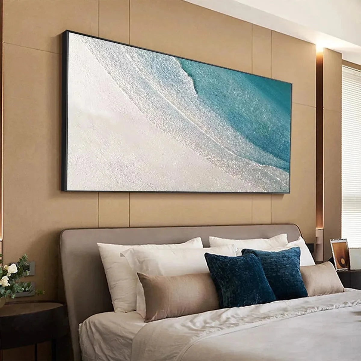 AZURE SHORES: Textured Abstract Beach Painting in Blue and White | blue palette, original Hand-painted on premium stretched canvas using artist-grade oils; rich layered surface combines smooth grad...
