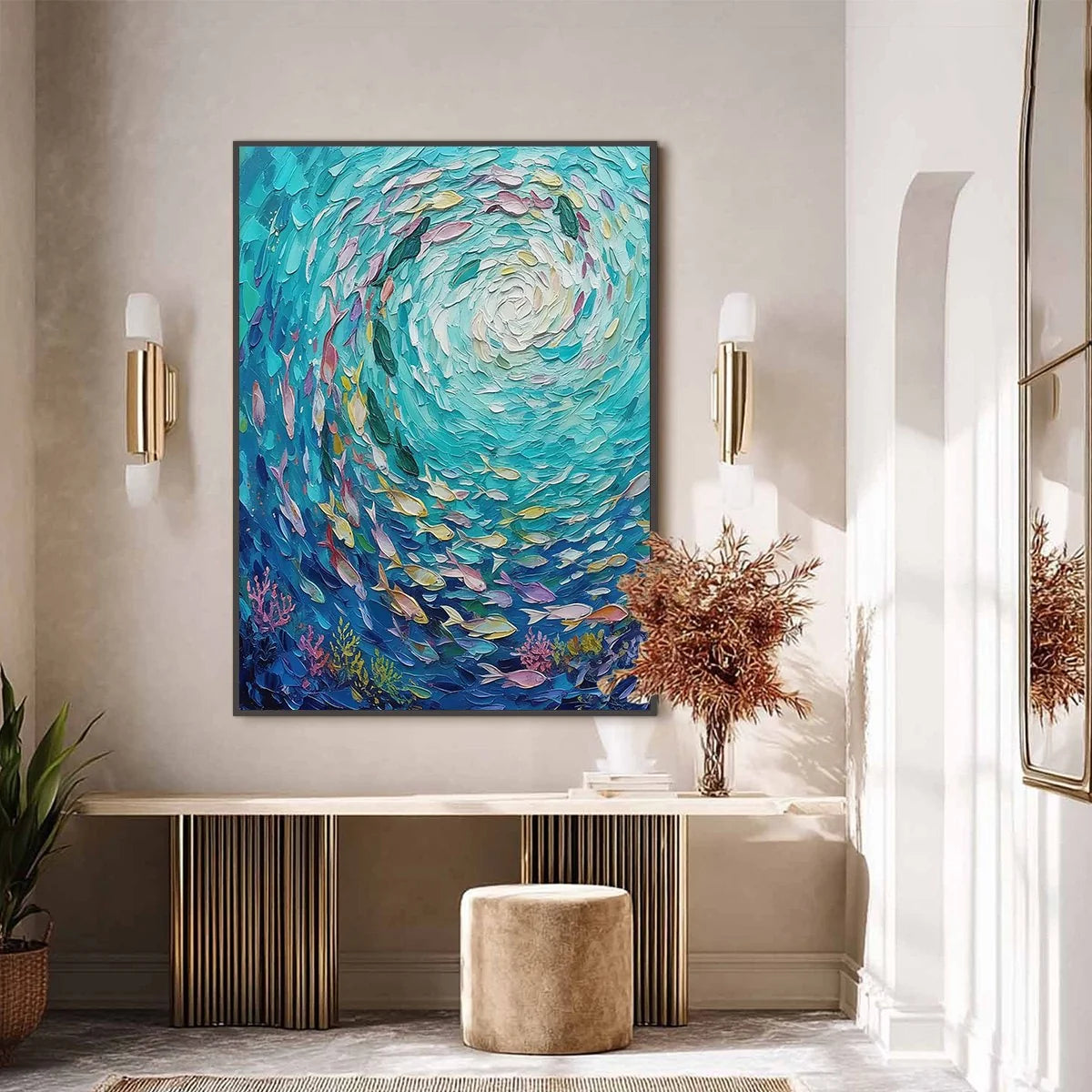 AZURE WHIRLPOOL: Textured Impasto Painting of a Vibrant Sea | textured impasto closeup, raised brushwork detail