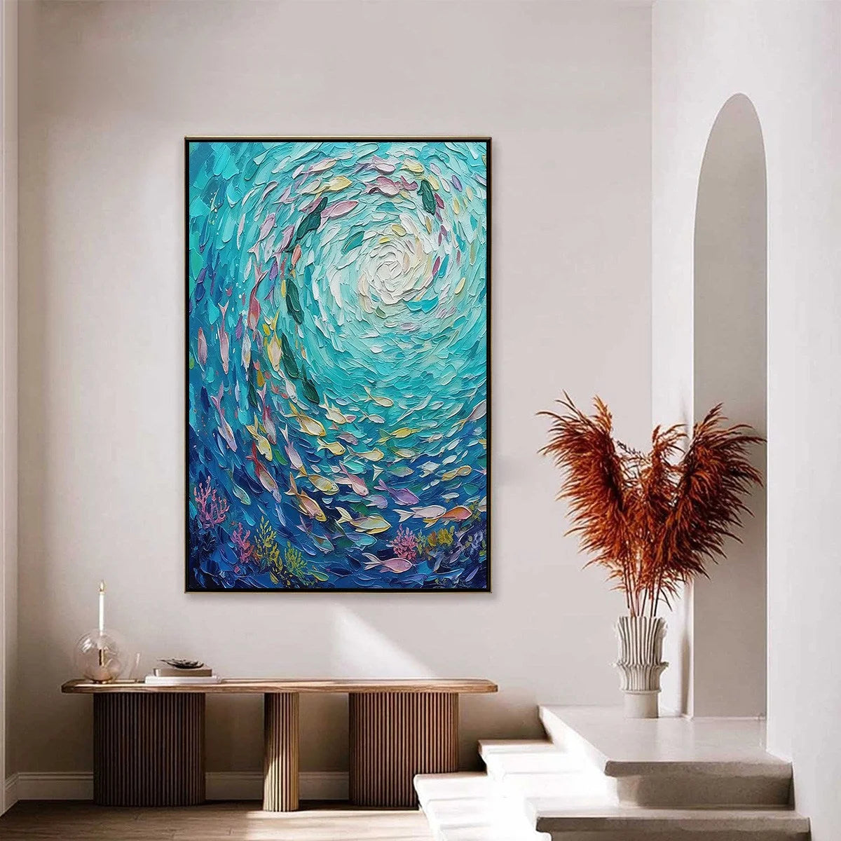 AZURE WHIRLPOOL: Textured Impasto Painting of a Vibrant Sea | gold frame stretched on neutral wall