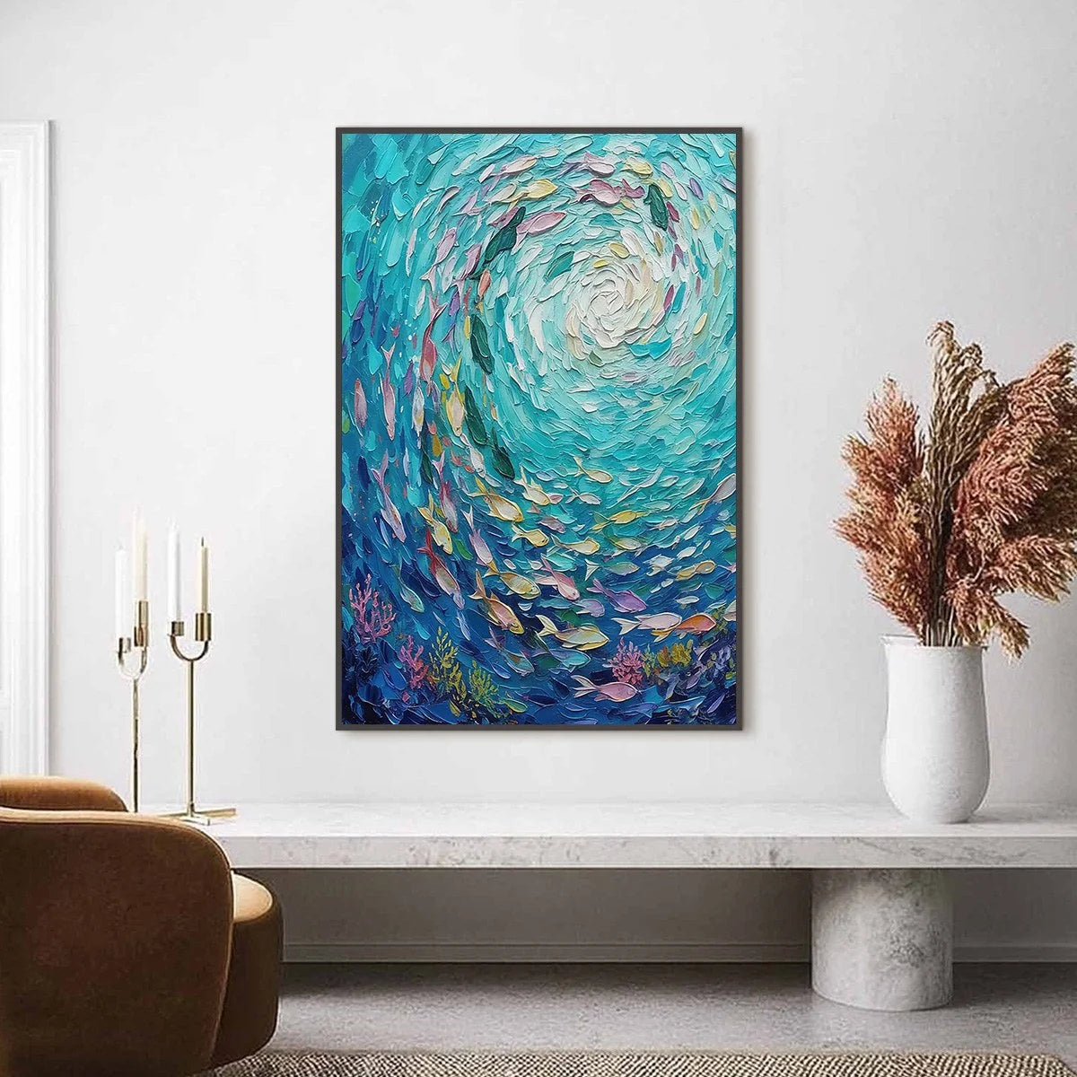 AZURE WHIRLPOOL: Textured Impasto Painting of a Vibrant Sea | black frame version on white wall