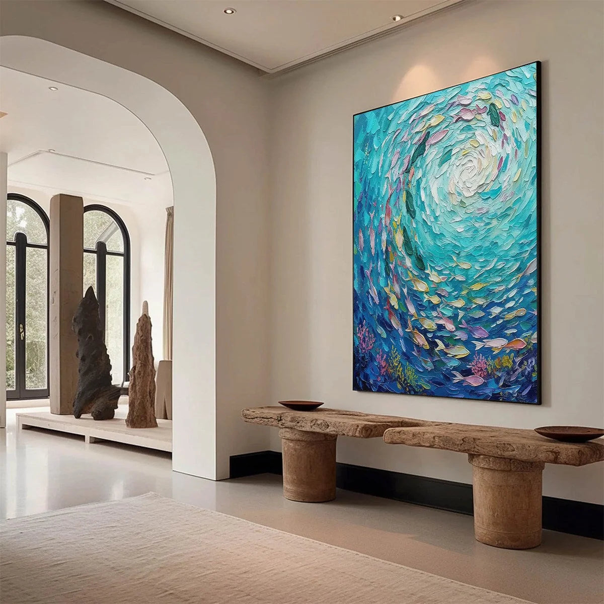 AZURE WHIRLPOOL: Textured Impasto Painting of a Vibrant Sea | textured impasto mood, soft natural light studio shot