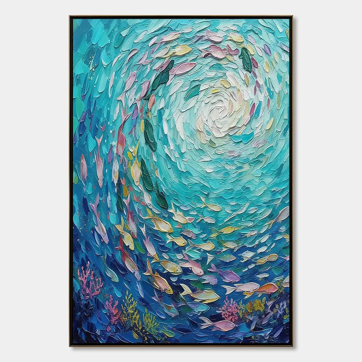 AZURE WHIRLPOOL: Textured Impasto Painting of a Vibrant Sea | hanging in living room, textured impasto wall art