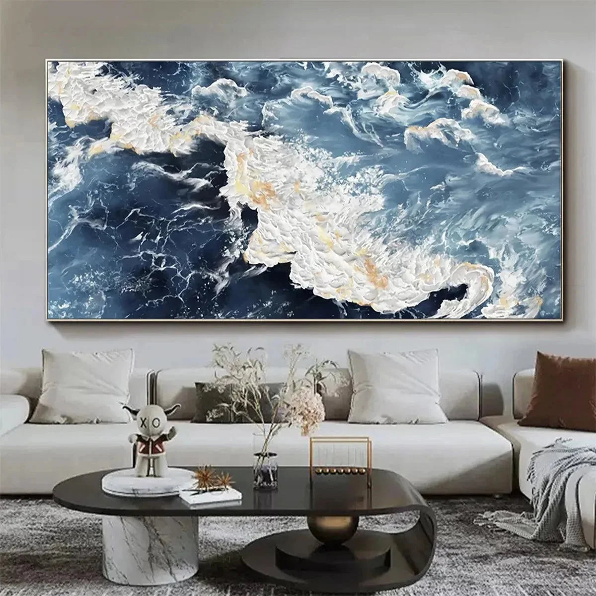 AZURE WHISPERS: Panoramic Abstract Ocean Painting in Blue | textured closeup, raised brushwork detail