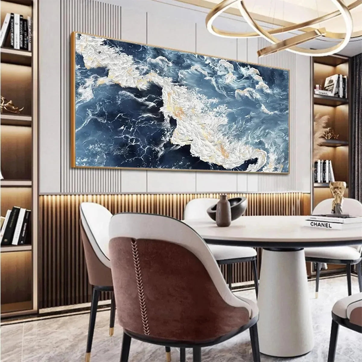 AZURE WHISPERS: Panoramic Abstract Ocean Painting in Blue | gold frame stretched on neutral wall