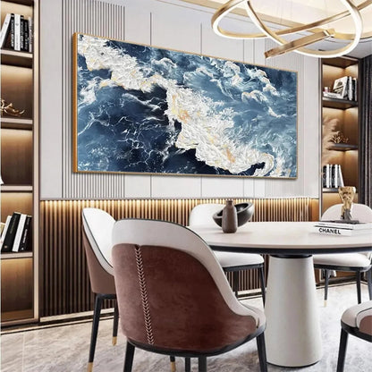 AZURE WHISPERS: Panoramic Abstract Ocean Painting in Blue | gold frame stretched on neutral wall