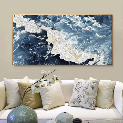 AZURE WHISPERS: Panoramic Abstract Ocean Painting in Blue | rolled canvas, ready for custom framing