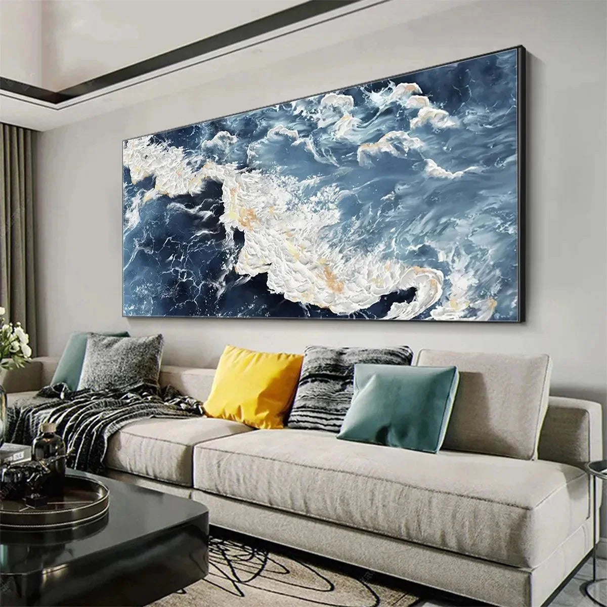 AZURE WHISPERS: Panoramic Abstract Ocean Painting in Blue | textured mood, soft natural light studio shot