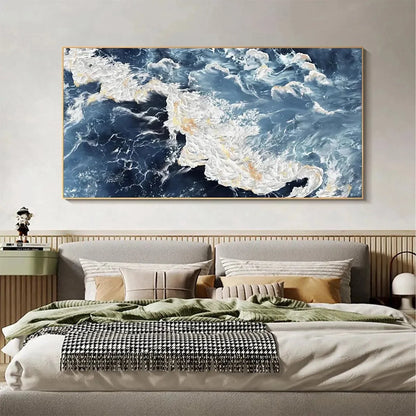 AZURE WHISPERS: Panoramic Abstract Ocean Painting in Blue | blue palette, original bedroom art