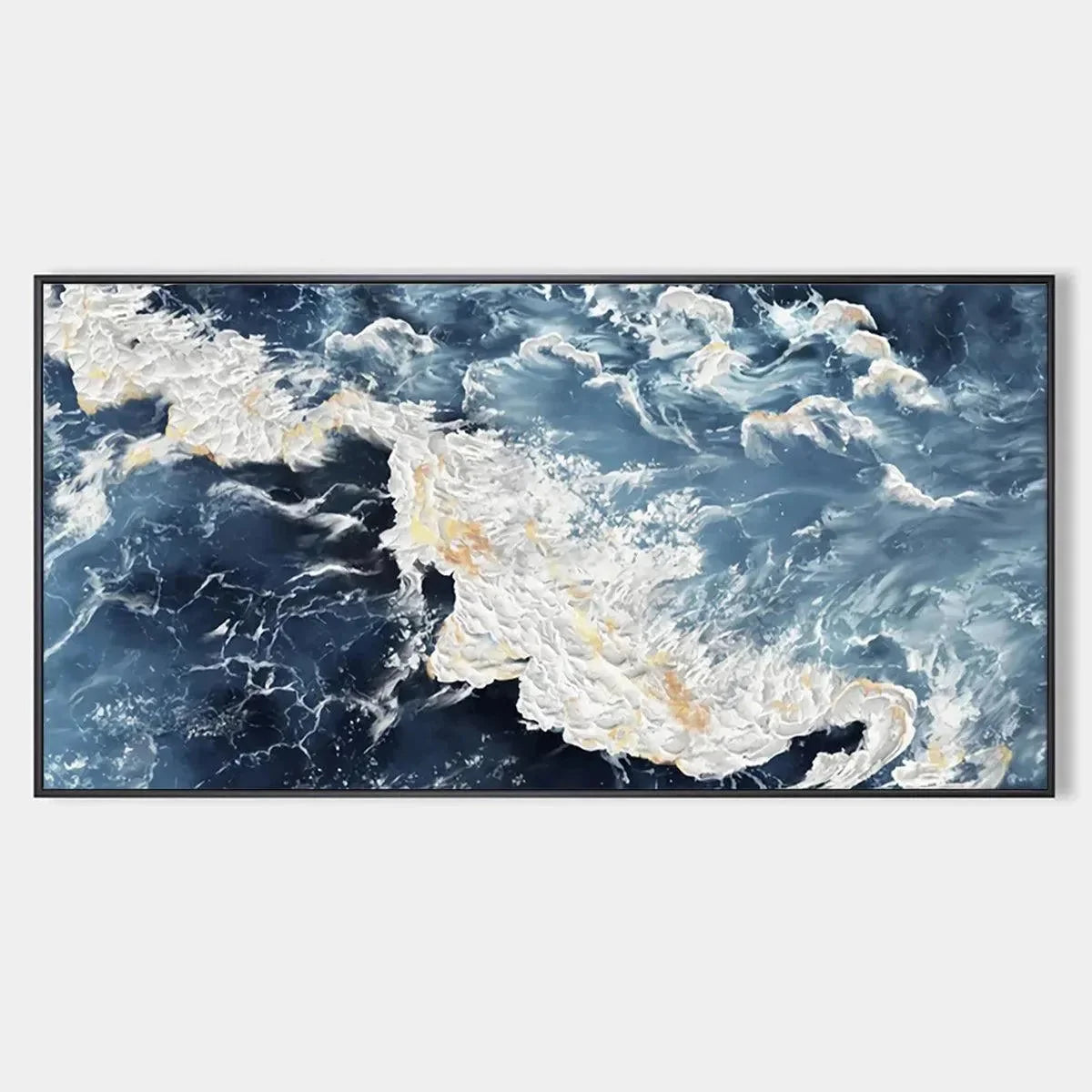 AZURE WHISPERS: Panoramic Abstract Ocean Painting in Blue | hanging in living room, textured wall art