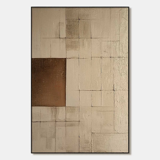BALANCE: Minimalist Abstract Oil Painting | hanging in Minimalist abstract oil painting in soft neutral beige, cream, and white tones; clean balanced composition with subtle texture., Minimalist wa...