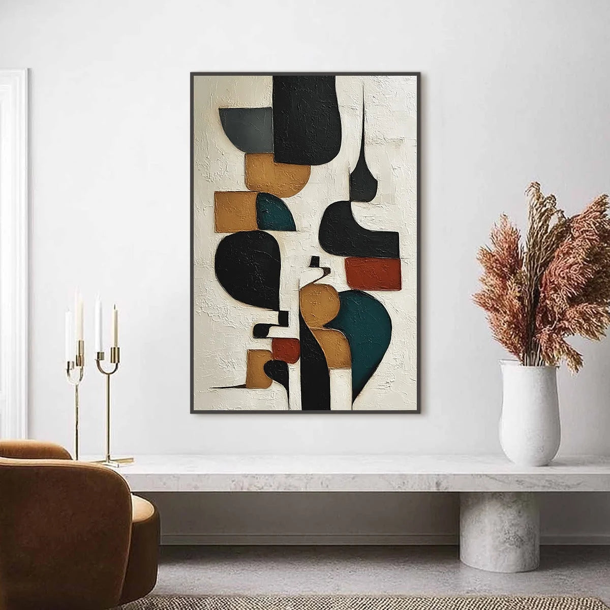 BALANCING ACT: Textured Wabi Sabi Abstract Painting for Modern Decor | gold frame stretched on neutral wall