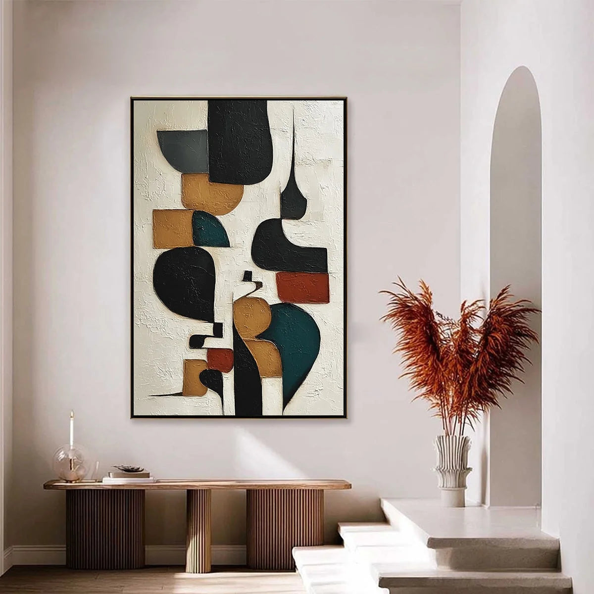 BALANCING ACT: Textured Wabi Sabi Abstract Painting for Modern Decor | black frame version on white wall