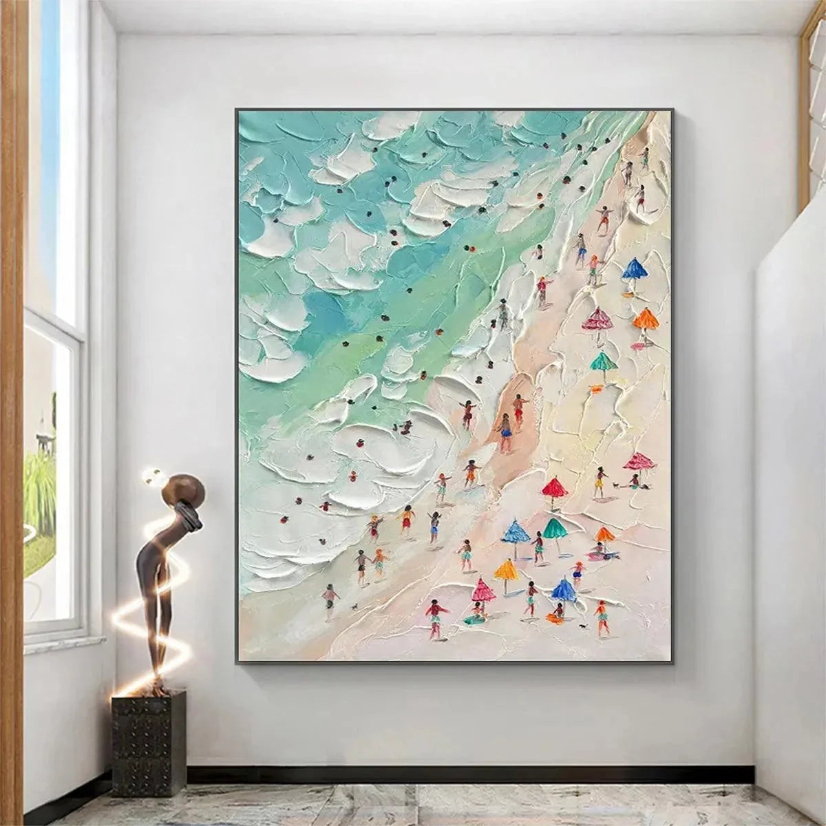 BEACH DAY: Textured Beach Scene Painting with Colorful Umbrellas | Landscape closeup, raised brushwork detail