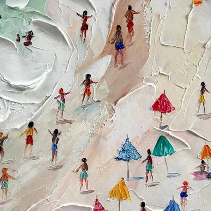 BEACH DAY: Textured Beach Scene Painting with Colorful Umbrellas | rectangular format, hand-painted canvas edge