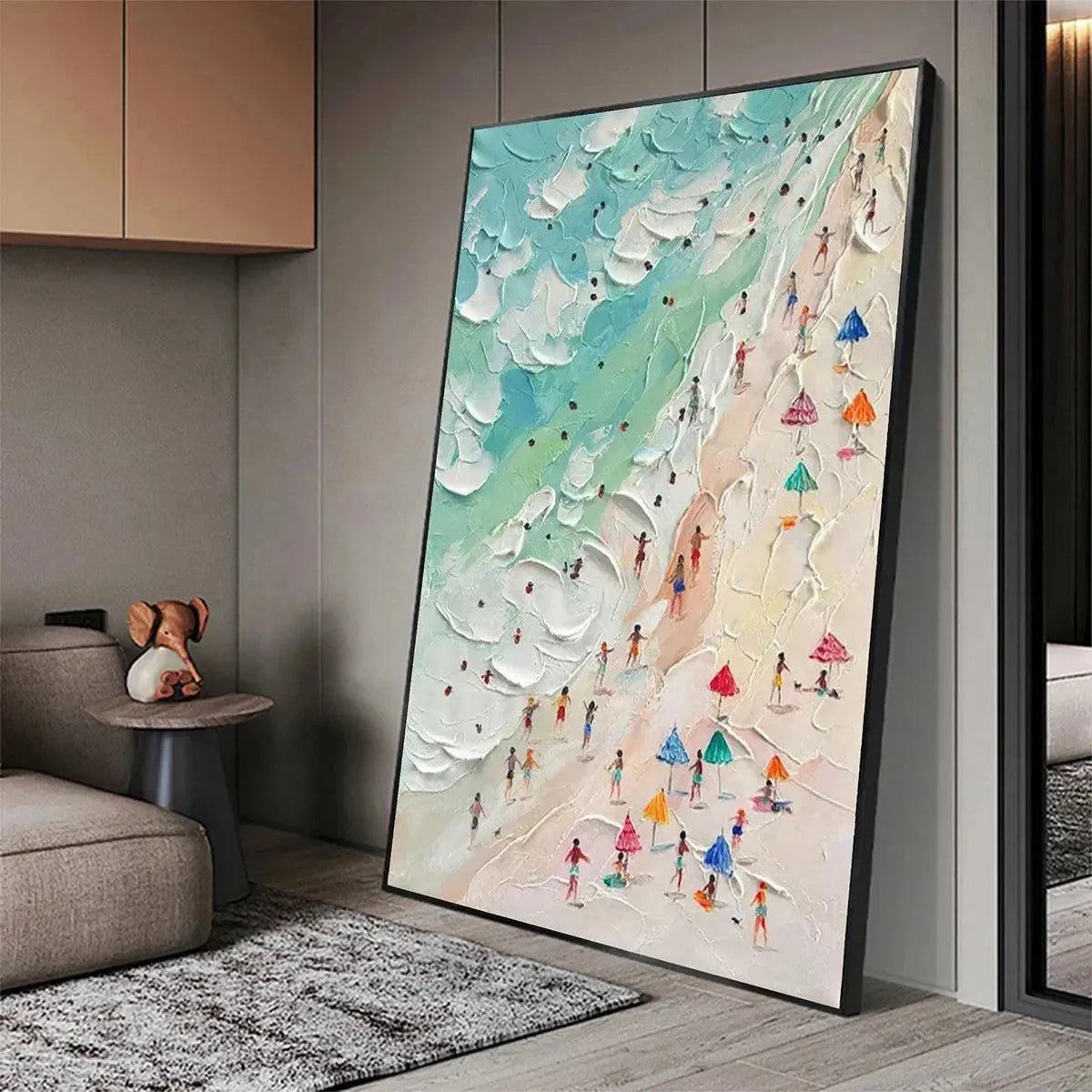 BEACH DAY: Textured Beach Scene Painting with Colorful Umbrellas | gold frame stretched on neutral wall