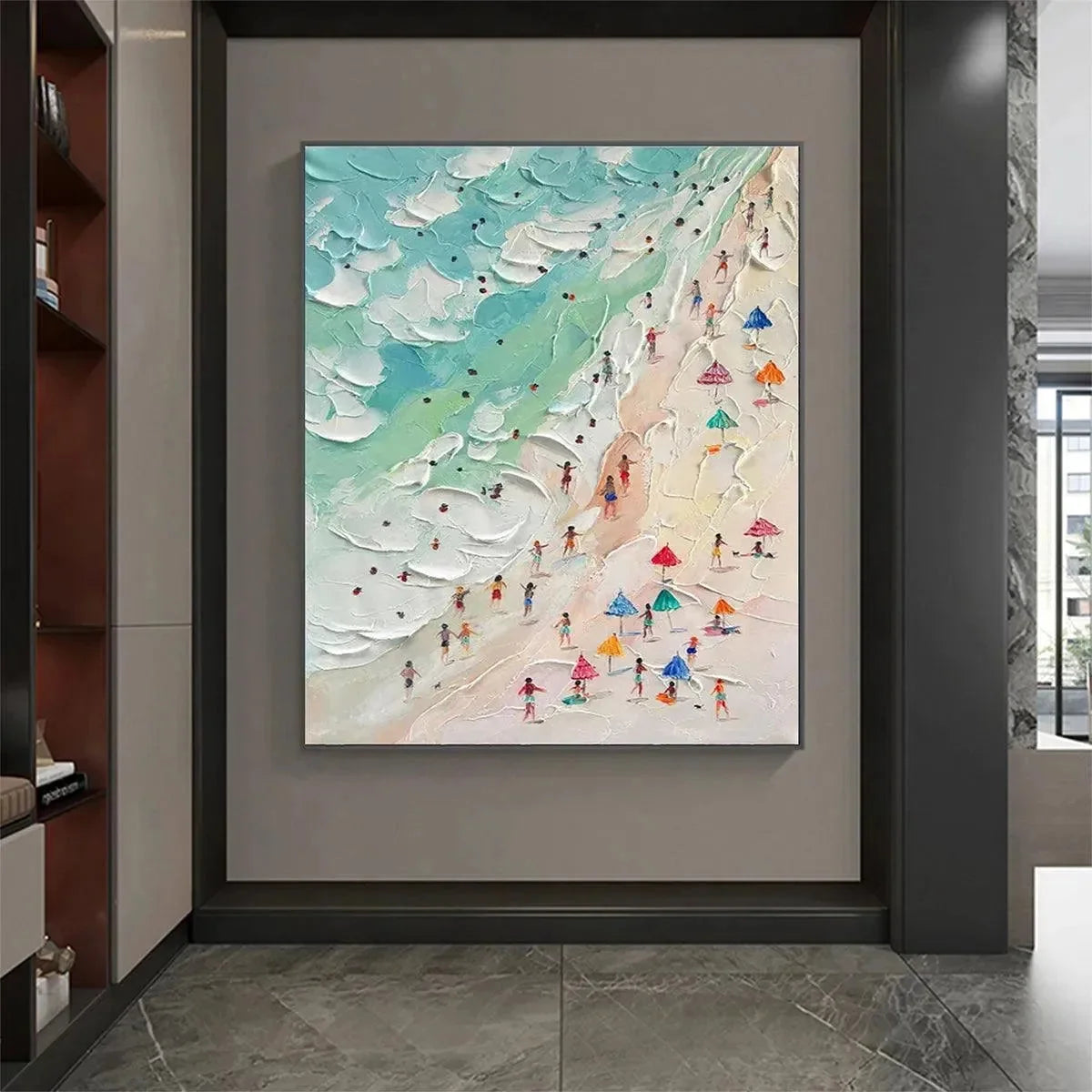 BEACH DAY: Textured Beach Scene Painting with Colorful Umbrellas | black frame version on white wall