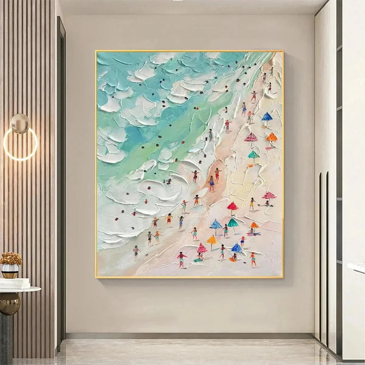 BEACH DAY: Textured Beach Scene Painting with Colorful Umbrellas | Landscape mood, soft natural light studio shot