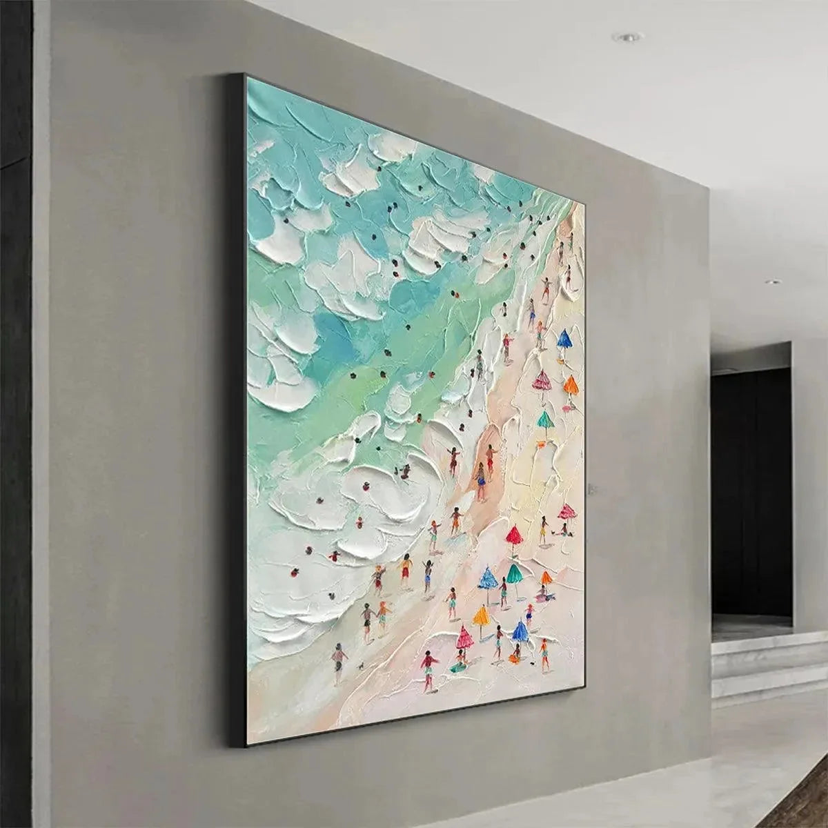 BEACH DAY: Textured Beach Scene Painting with Colorful Umbrellas | blue palette, original Hand-painted on premium stretched canvas with artist-grade oils; rich layered surface captures the playful ...