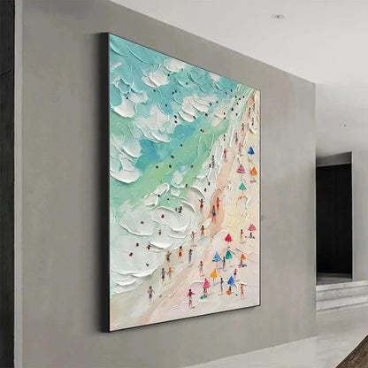 BEACH DAY: Textured Beach Scene Painting with Colorful Umbrellas | blue palette, original Hand-painted on premium stretched canvas with artist-grade oils; rich layered surface captures the playful ...