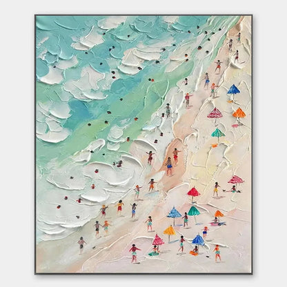BEACH DAY: Textured Beach Scene Painting with Colorful Umbrellas | hanging in Textured beach scene oil painting featuring colorful umbrellas on warm sand with blue ocean and sky; vibrant, joyful, t...