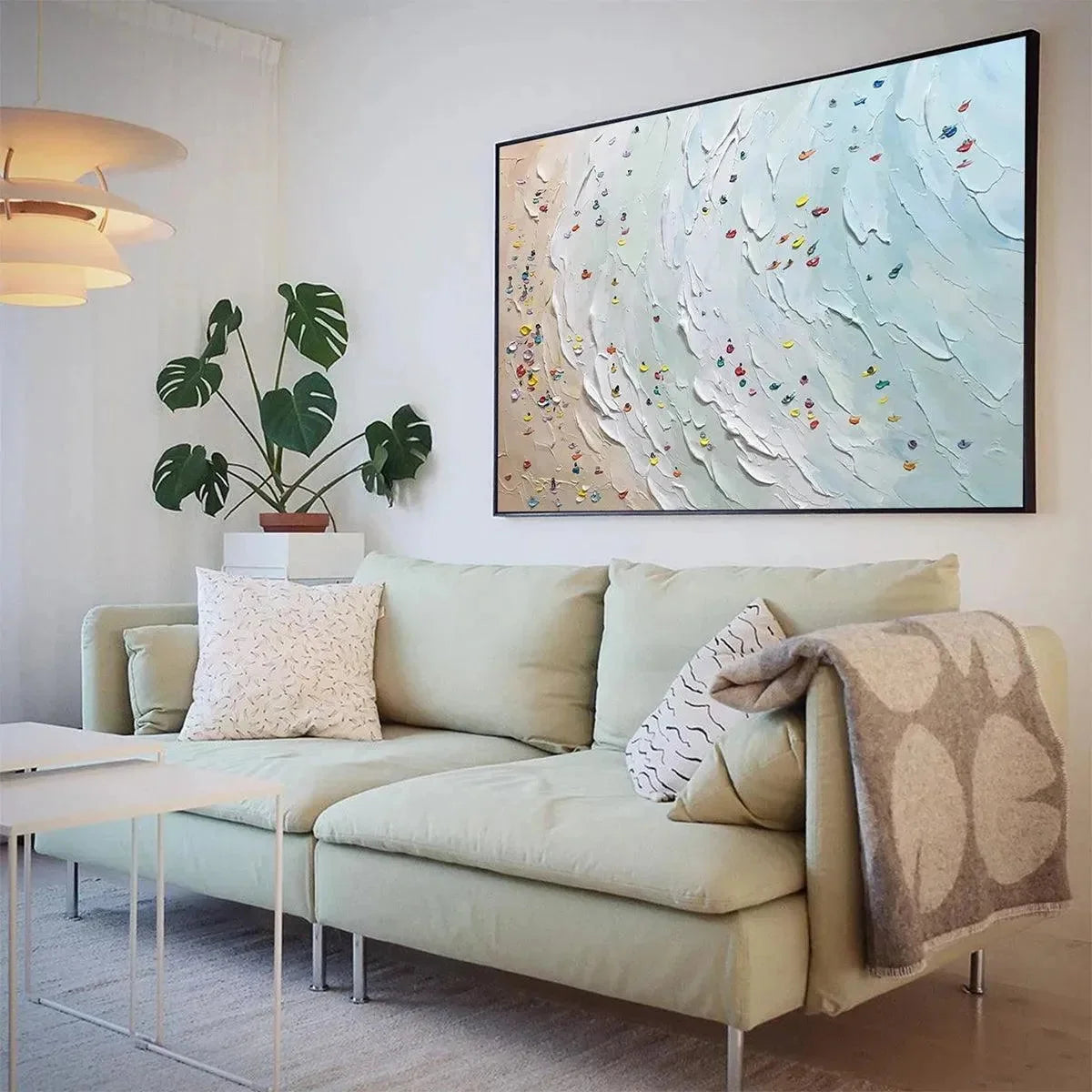 BEACH DAY: Textured Minimalist Beach Scene Painting | gold frame stretched on neutral wall