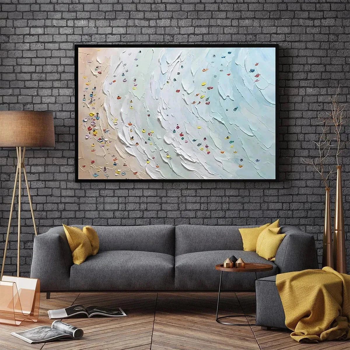 BEACH DAY: Textured Minimalist Beach Scene Painting | black frame version on white wall