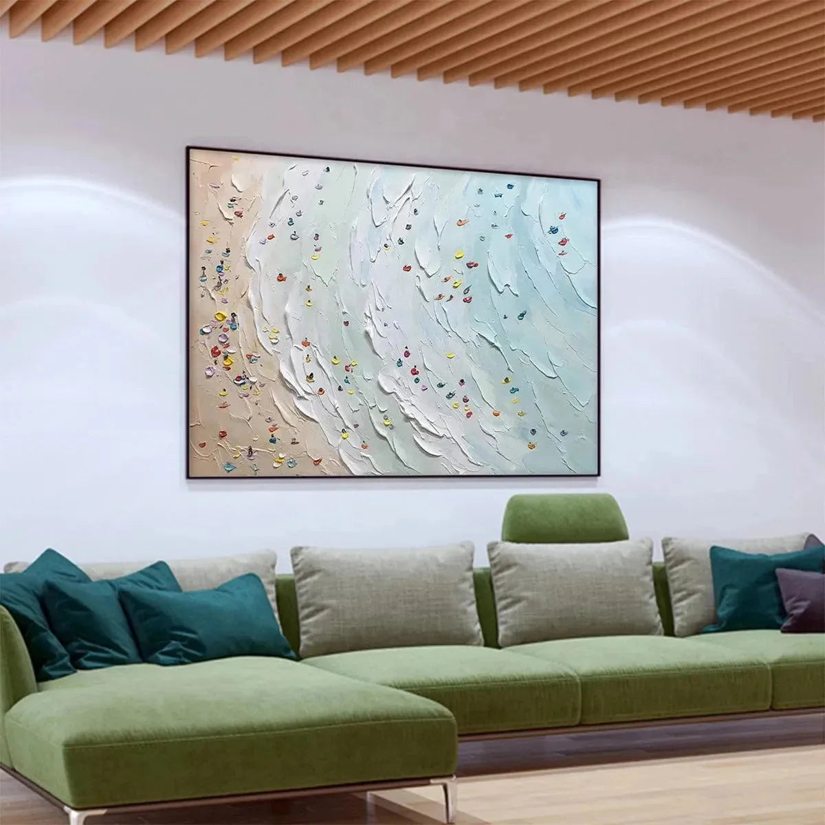 BEACH DAY: Textured Minimalist Beach Scene Painting | beige palette, original Hand-painted on premium stretched canvas using artist-grade oils; rich layered surface combines smooth gradients with t...