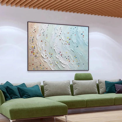 BEACH DAY: Textured Minimalist Beach Scene Painting | beige palette, original Hand-painted on premium stretched canvas using artist-grade oils; rich layered surface combines smooth gradients with t...