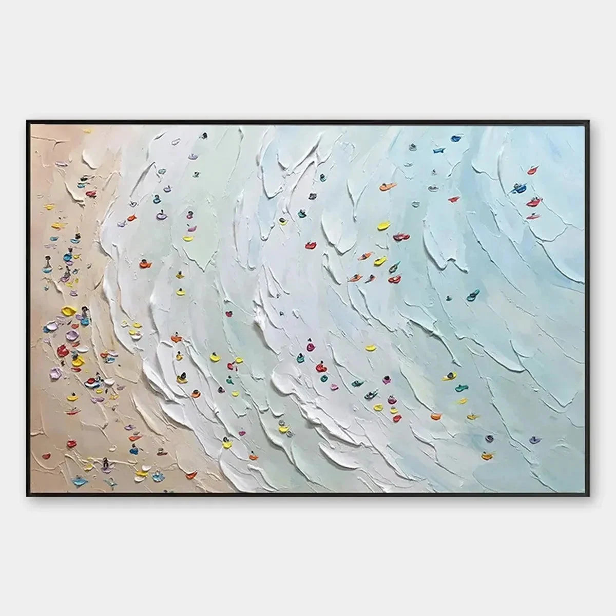 BEACH DAY: Textured Minimalist Beach Scene Painting | hanging in BEACH DAY: Textured Minimalist Beach Scene Painting featuring layered textured brushwork in refined tones; minimalist composition wi...
