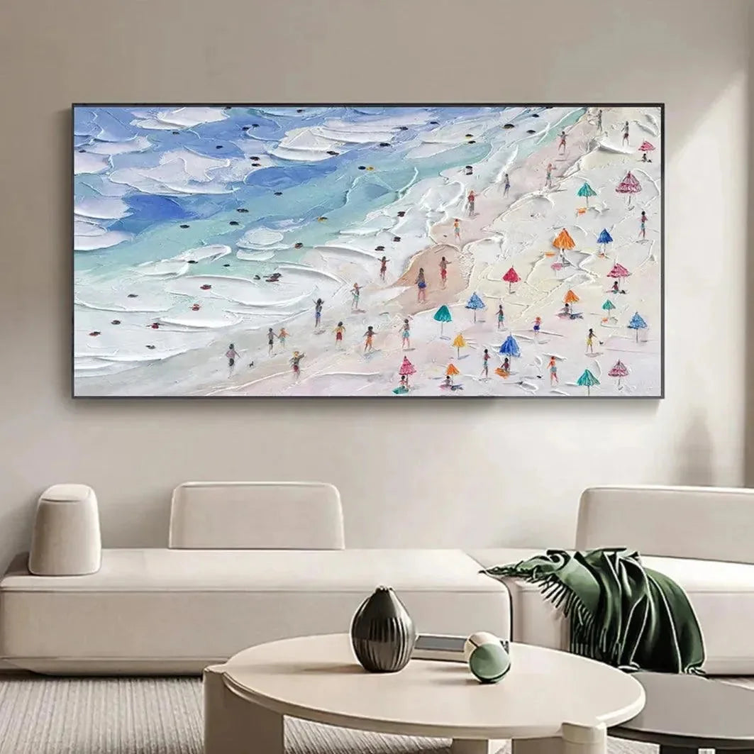 BEACH DAY VIBES: Textured Beach Scene Painting, Horizontal Wall Art | Landscape closeup, raised brushwork detail