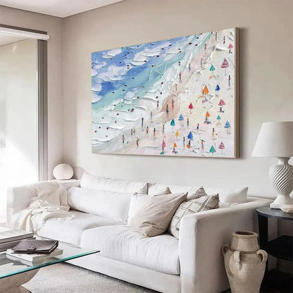 BEACH DAY VIBES: Textured Beach Scene Painting, Horizontal Wall Art | rolled canvas, ready for custom framing