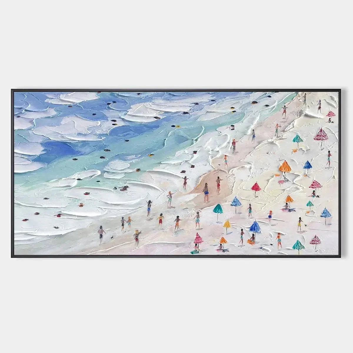 BEACH DAY VIBES: Textured Beach Scene Painting, Horizontal Wall Art | hanging in Textured beach scene oil painting with vibrant umbrellas, sand, and ocean; warm sunny composition with playful seasi...