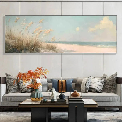 BEACH GRASS PANORAMIC: Beach Painting, Panoramic Wall Art | Landscape closeup, raised brushwork detail