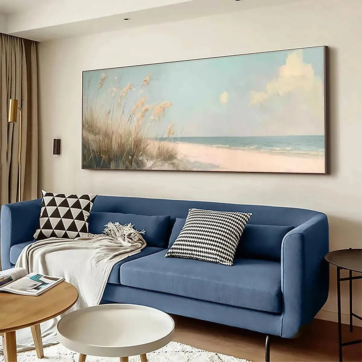 BEACH GRASS PANORAMIC: Beach Painting, Panoramic Wall Art | gold frame stretched on neutral wall