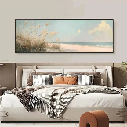 BEACH GRASS PANORAMIC: Beach Painting, Panoramic Wall Art | beige palette, original Hand-painted on wide stretched canvas with artist-grade oils; rich layered surface captures the breezy, sun-warme...