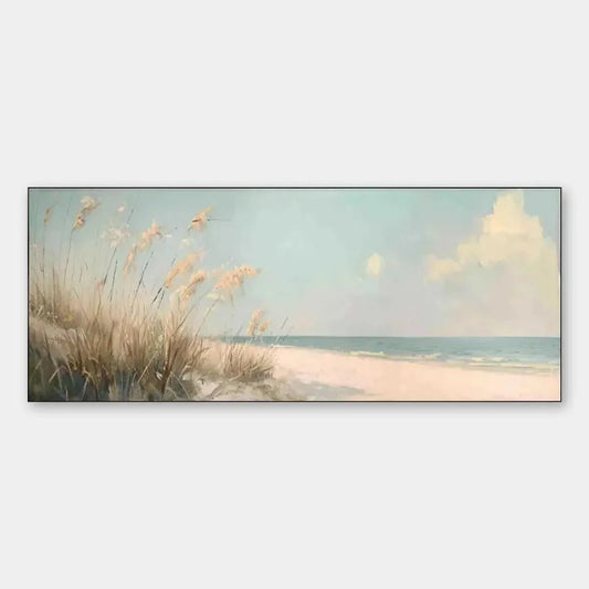 BEACH GRASS PANORAMIC: Beach Painting, Panoramic Wall Art | hanging in Panoramic-format beach oil painting with soft dune grass, warm sand, and a calm ocean horizon; serene, atmospheric composition...