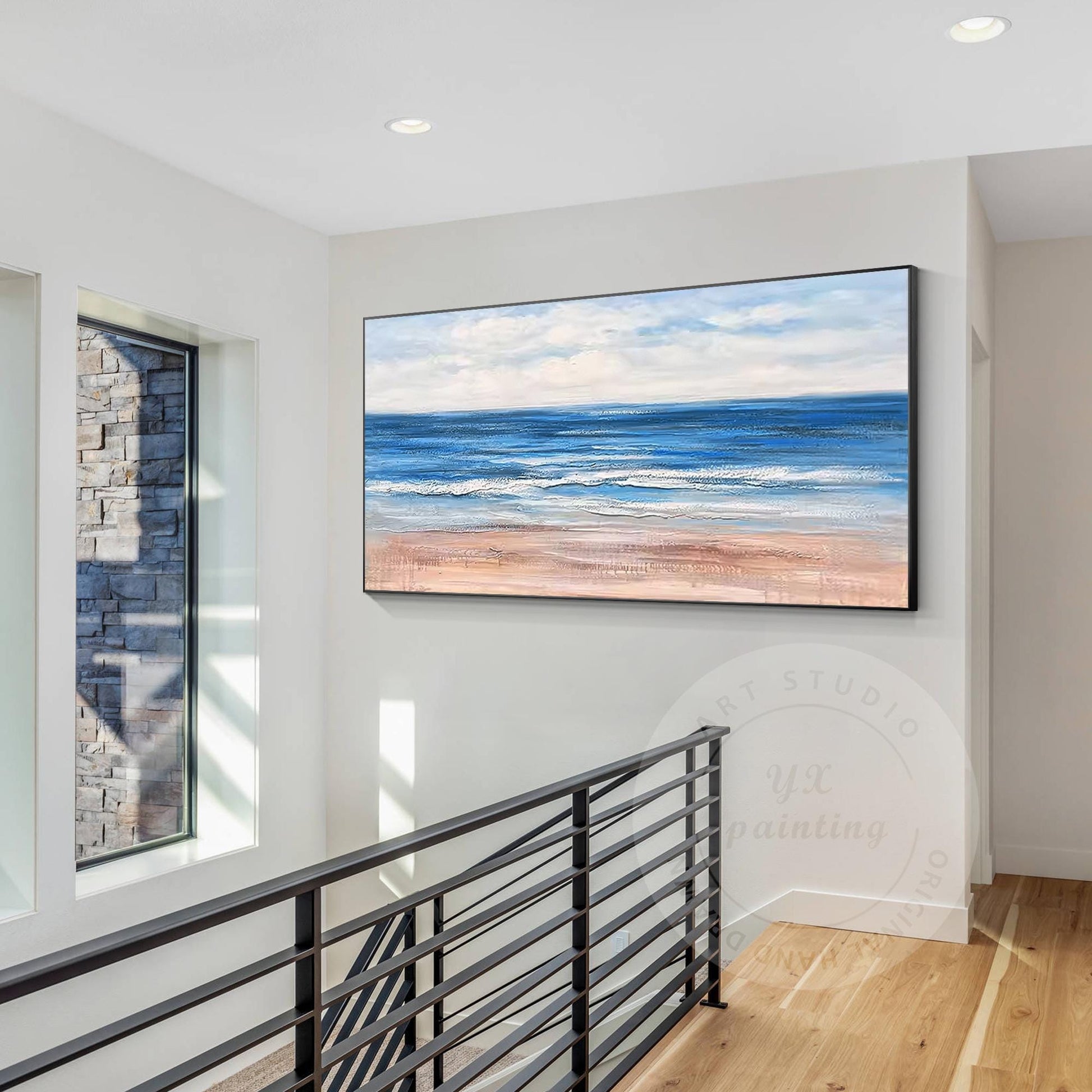 Beach Seascape Painting,Original Textured Painting on Canvas, White Blue Clouds, #2