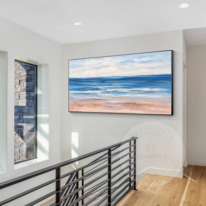 Beach Seascape Painting,Original Textured Painting on Canvas, White Blue Clouds, #2